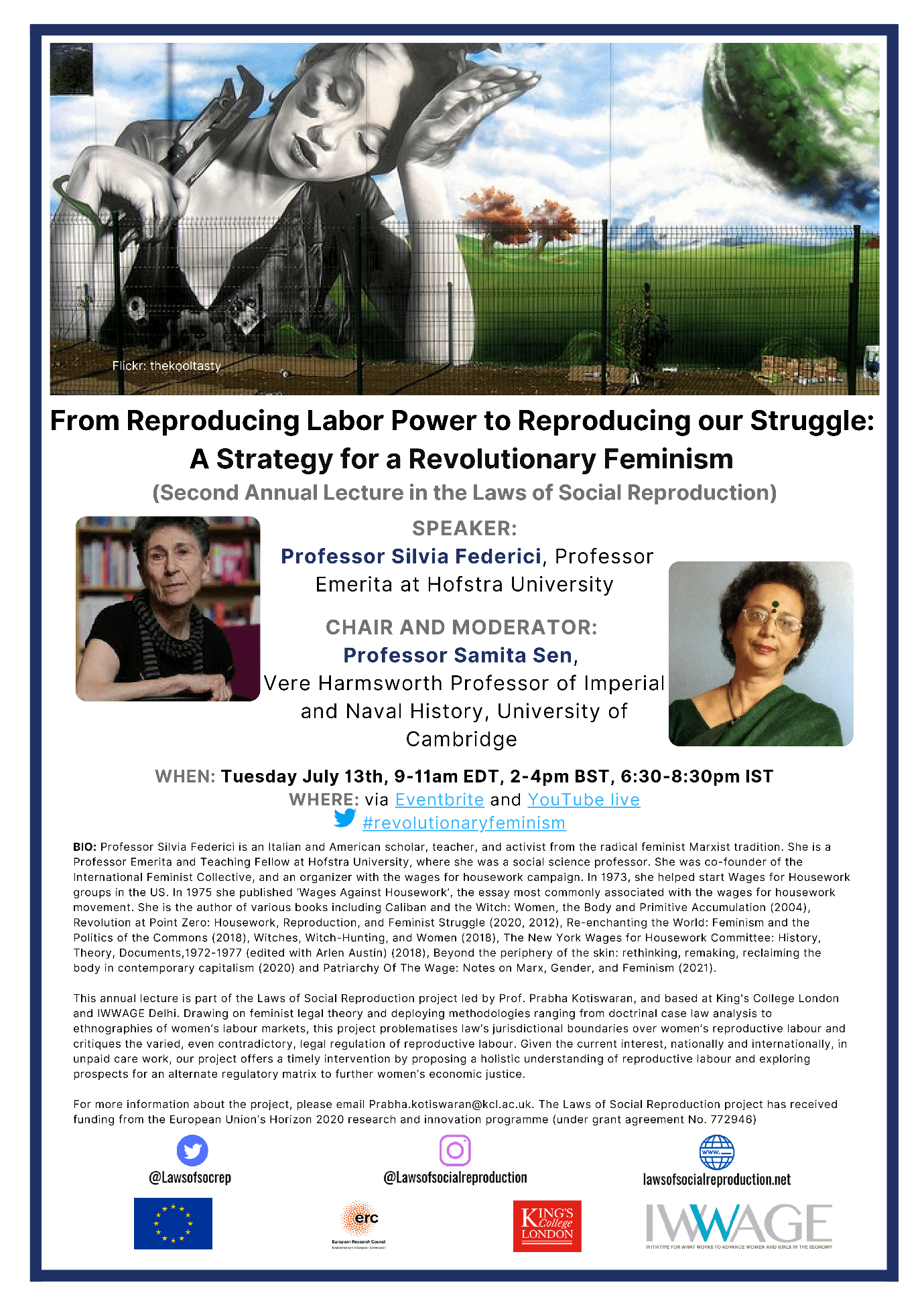 Poster for Silvia Federici's Lecture, giving speaker and chair details, date and time, abstract and sponsor logos.