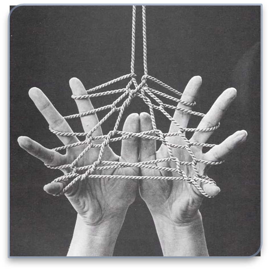 Picture of two hands held up with palms towards the viewer and fingers splayed. Looping around and between the fingers is a chord woven into a web pattern.